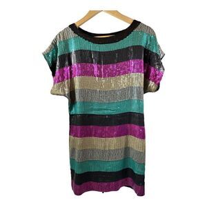 COREY LYNN CALTER Women’s Short Sleeve Striped Sequin Mini Dress Extra Small